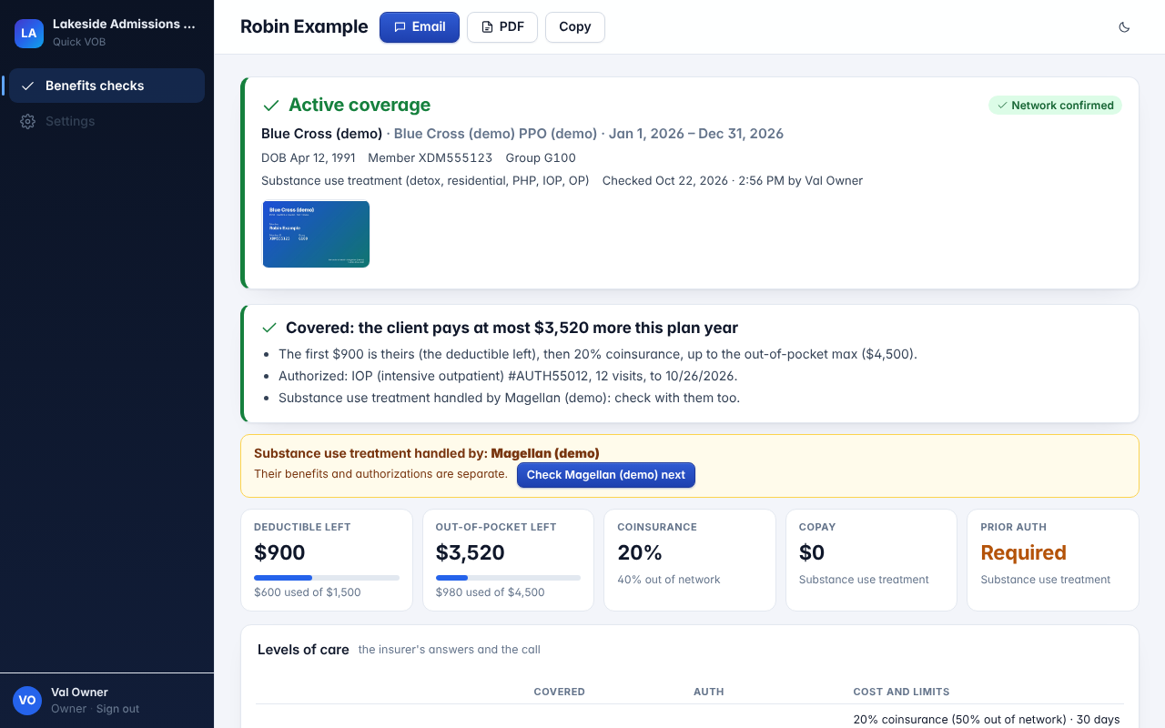 A Quick VOB check for a made-up member: active Blue Cross demo coverage, with a yellow alert that substance use treatment is handled by Magellan (demo) and a button to check Magellan next