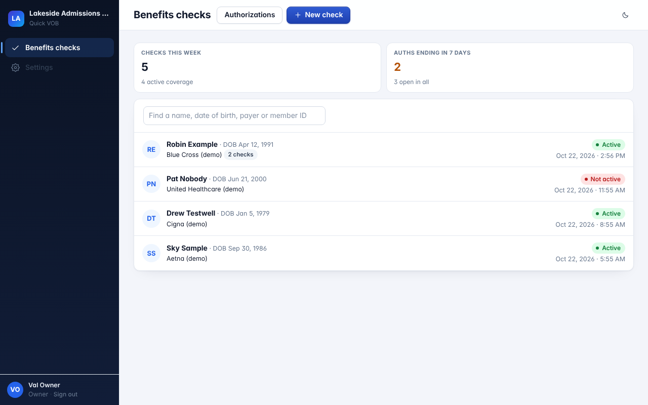 Quick VOB benefits checks for made-up people, with a tile showing two authorizations ending in the next 7 days