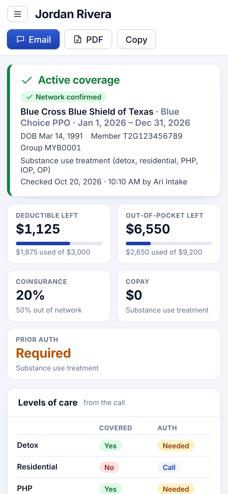 A Quick VOB result on a phone for a made-up member: active coverage, deductible and out-of-pocket left, coinsurance and prior auth
