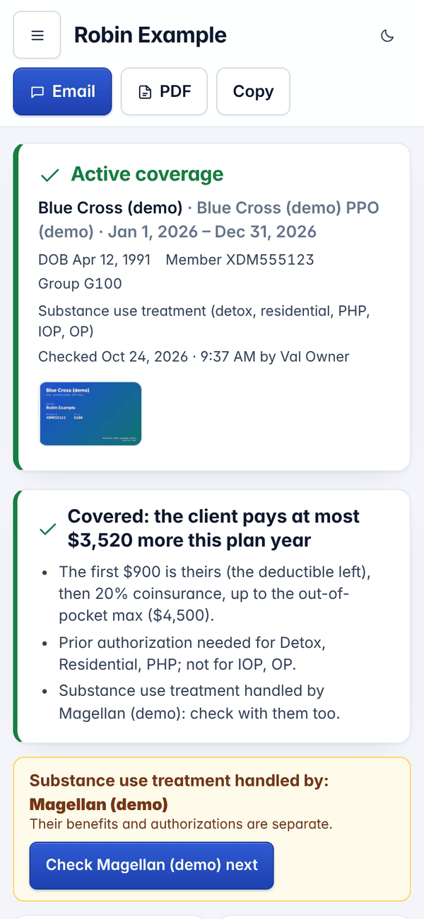 The benefits result on a phone: active coverage and the bottom line for the made-up member