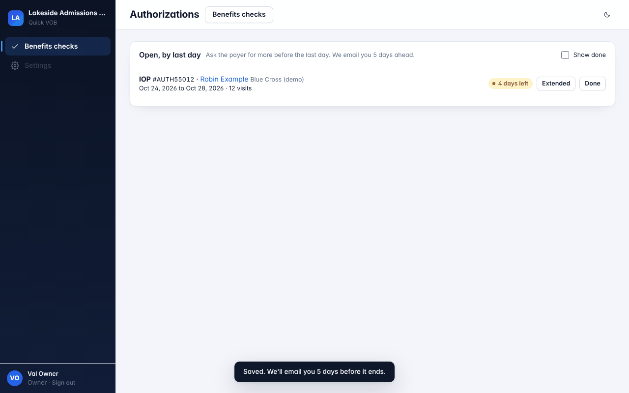 The authorizations list: open authorizations sorted by their last day